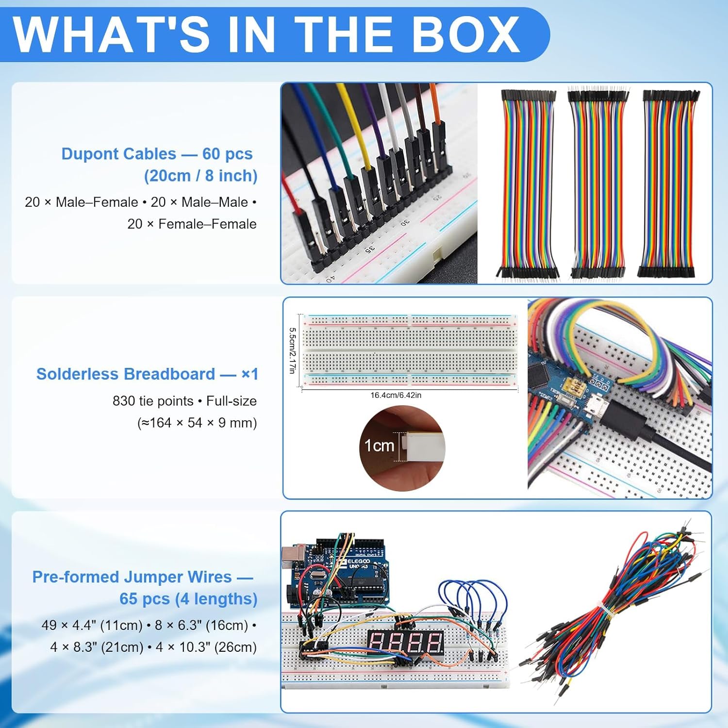 1530 Stück Elektronik Bauteile Kit 9 Arten mit Metallschichtwiderstand,kondensator,Diode,LED Leuchtdioden,Transistor,Dupont Wires,Jumperkabel und Steckbrett, Für UNO R3 – Bild 4