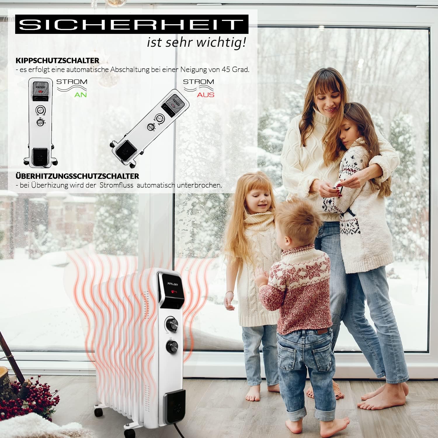 Ölradiator 2500 Watt mit 3 Heizstufen | Thermostat | 11 Rippen elektro Heizkörper | Öl Radiator energiesparend | Überhitzungsschutz | elektrische Heizung | ECO Mode | 1000 1500 (schwarz) – Bild 5