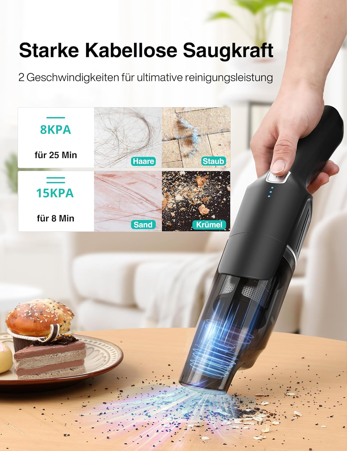 Aspiron Handstaubsauger Akku, 18000Pa & Schnellladestation, Starke Absaugung, HEPA-Filter, Akkusauger Klein für Autos, Zuhause, Büro – Bild 2
