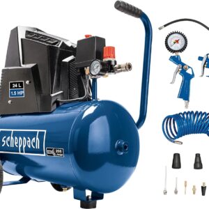 Scheppach Kompressor HC25o (1100W, 24 L,8 bar, Ansaugleistung 165 l/min, Druckminderer, ölfrei) - inkl. 13-teiligem Druckluft-Werkzeug-Set + 5 m Spiralschlauch
