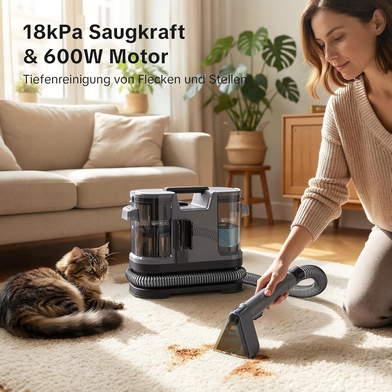 Lubluelu Nasssauger Polsterreiniger Gerät, 600 W - 18 kPa Teppichreiniger Waschsauger, tragbares Teppich-Reinigungsgerät mit Selbstreinigung und langem Schlauch für Teppiche, Sofas & Auto-Innenräume – Bild 2