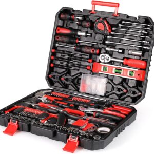 TLGREEN Werkzeugkoffer Gefüllt 198tlg Werkzeugkasten Haushalts Werkzeug Set mit Ratsche Steckschlüsselsatz Schraubenzieher Universal Werkzeug-Sets Rot