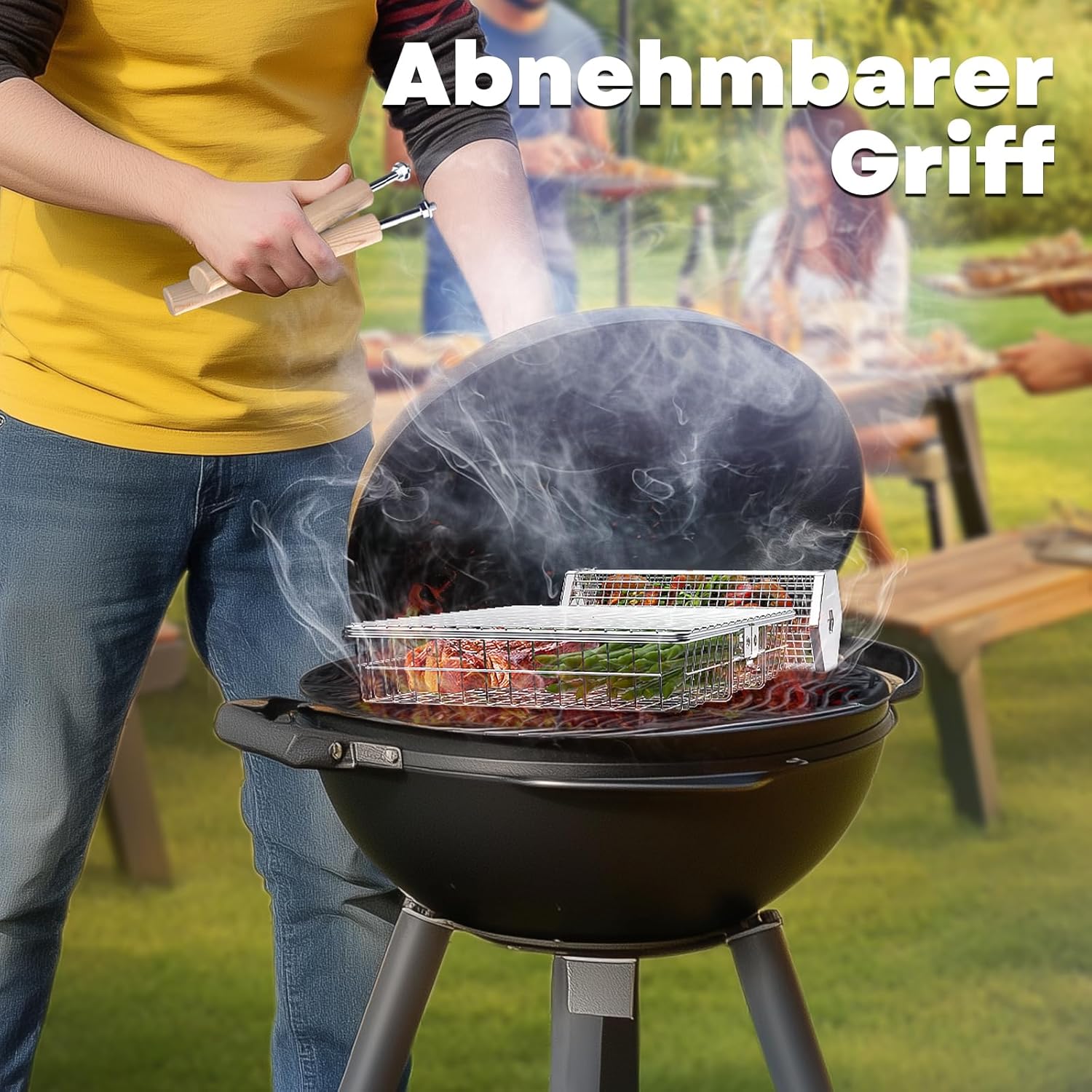 Nestendes Rollendes Grillkorb Set (Rechteck+Sechseckig), Abnehmbarer Holzgriff, Edelstahl 304, Grill Zubehör für Gemüse Garnelen, Outdoor Camping Gasgrill, Geschenke für Männer Ehemann Papa – Bild 5