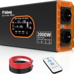 Wechselrichter 2000W 12V auf 230V Reine Sinuswelle - Spannungswandler LCD Display mit 2 EU-Steckdosen und 3 USB Typ-C Port，Steckdose mit Fernbedienung für Wohnmobil Auto Camping