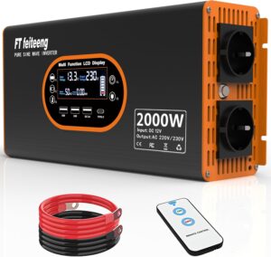 Wechselrichter 2000W 12V auf 230V Reine Sinuswelle - Spannungswandler LCD Display mit 2 EU-Steckdosen und 3 USB Typ-C Port，Steckdose mit Fernbedienung für Wohnmobil Auto Camping