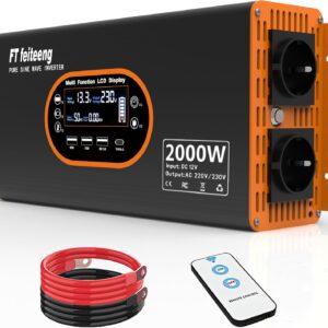 Wechselrichter 2000W 12V auf 230V Reine Sinuswelle - Spannungswandler LCD Display mit 2 EU-Steckdosen und 3 USB Typ-C Port，Steckdose mit Fernbedienung für Wohnmobil Auto Camping