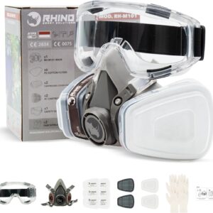 RHINO Smart Solutions Atemschutzmaske Gase Dämpfe | Gasmaske mit A1P2 Filter für Lackier, Feinstaub, Arbeitein, Schleifen | Staubmasken, Handschuhe, Schutzbrille, Patronen und Staubfilter