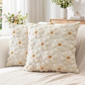 Artscope 2er Set Wolle Blumen Kissenbezüge Weicher Plüsch Kurzer Wollsamt Dekokissenbezüge Frühjahr Sommer Kissenhülle Saisonale Sofakissen für Sofa Schlafzimmer Creme Beige, 40x40cm