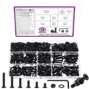 521 Stück M4 Schrauben Set, M4 Senkkopfschrauben Set, Flachkopf Innensechskantschrauben Muttern Set, Maschinenschrauben mit Muttern und Unterlegscheiben Set Schwarz, Gewindeschrauben und Muttern Set
