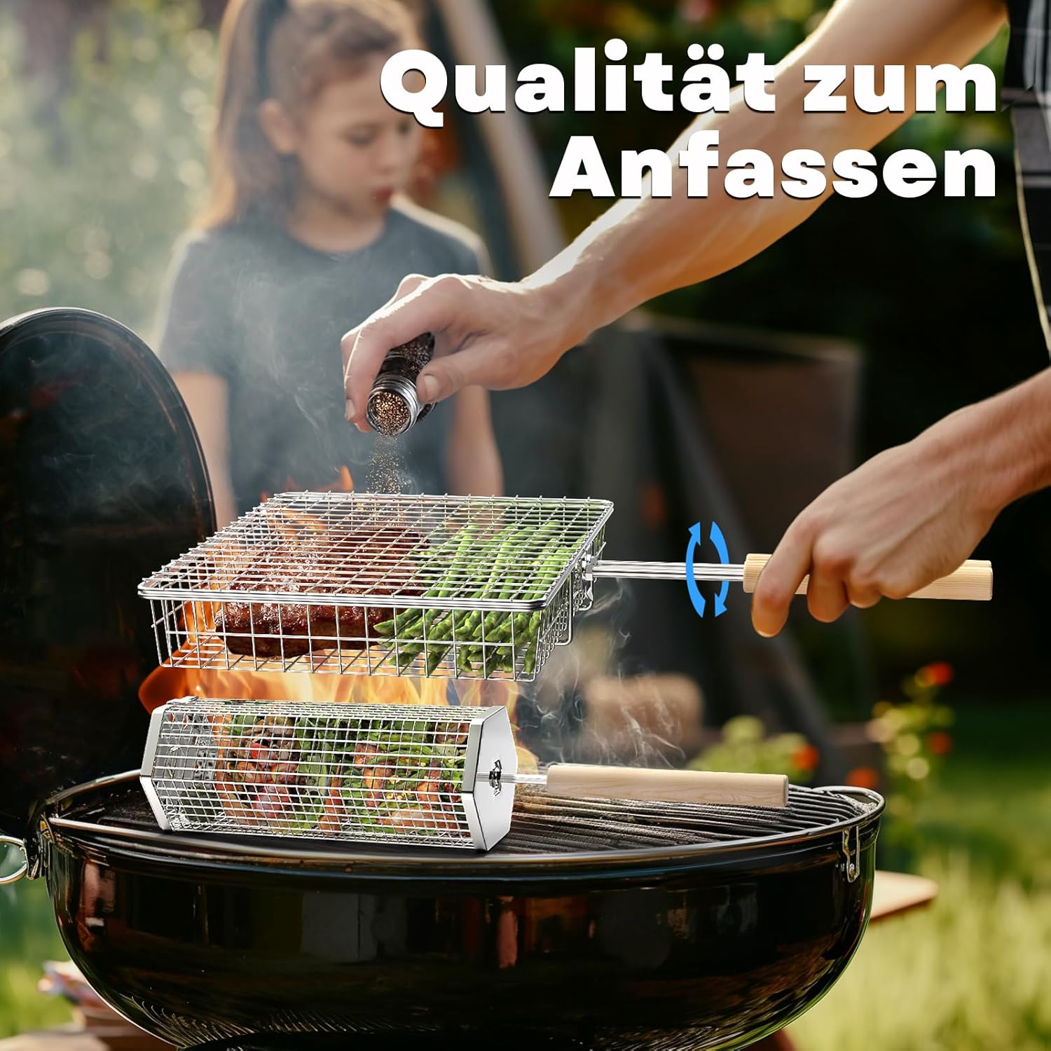 Nestendes Rollendes Grillkorb Set (Rechteck+Sechseckig), Abnehmbarer Holzgriff, Edelstahl 304, Grill Zubehör für Gemüse Garnelen, Outdoor Camping Gasgrill, Geschenke für Männer Ehemann Papa – Bild 3
