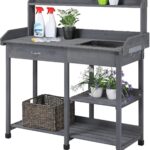 Yaheetech Pflanztisch mit Waschbecken, Blumentisch Gärtnertisch Holzpflanztisch mit Schubladen & Verstellbaren Ablagefläche & Haken, aus Wetterfest Holz für Terrasse Garten, Grau