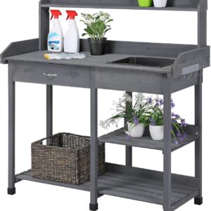 Yaheetech Pflanztisch mit Waschbecken, Blumentisch Gärtnertisch Holzpflanztisch mit Schubladen & Verstellbaren Ablagefläche & Haken, aus Wetterfest Holz für Terrasse Garten, Grau