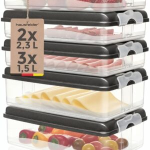 Hausfelder Aufschnittboxen für Wurst und Käse 3x1,5L + 2x2,3L + 5x Deckel, Kühlschrank Organizer, stapelbare Aufschnittdosen, Wurstdosen Käsedosen Set mit Deckel