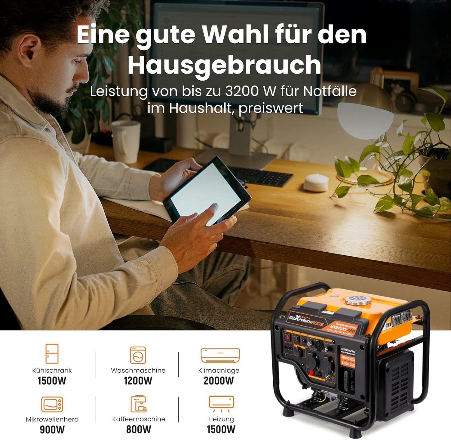 3200W Inverter-Generator, Benzin 4-Takt Backup-Stromversorgung mit Parallell-Funktion, mit AC/DC/USB-Ausgängen für Garten, Arbeitsplatz, Haus, Garage und mehr – Bild 3