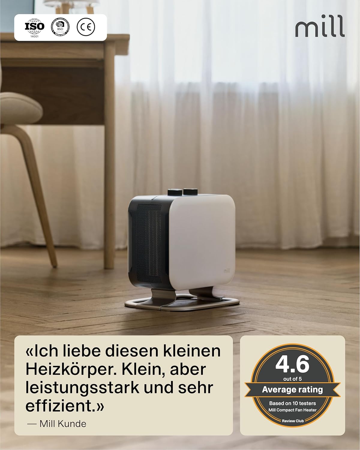 Mill Keramik Heizlüfter klein & leise 1800W, mobiler Heizstrahler für Innenraum 5-30m², Heizung elektrisch, Elektroheizung, Electric Heater, Heizgeräte für Innenräume, Elektro Heizkörper - weiß – Bild 5