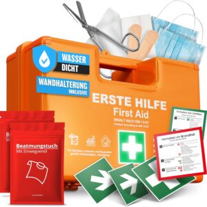 HELDENWERK® Erste Hilfe Kasten Version 2026 [DIN 13157:2021] inkl. Wandhalterung, 5x Aufkleber & Plombe – Verbandskasten für Betrieb, Gastronomie, Büro & Haushalt – Sanitätskasten - Erste Hilfe Set