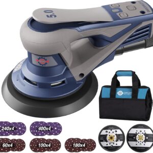 Bürstenloser Exzenterschleifer mit 125mm/150mm Schleifteller, 350W Schleifmaschine für Holz mit 20 Schleifpapier, 7-Stufiger Drehzahlregelung bis 10.000 U/min, Tragkoffer