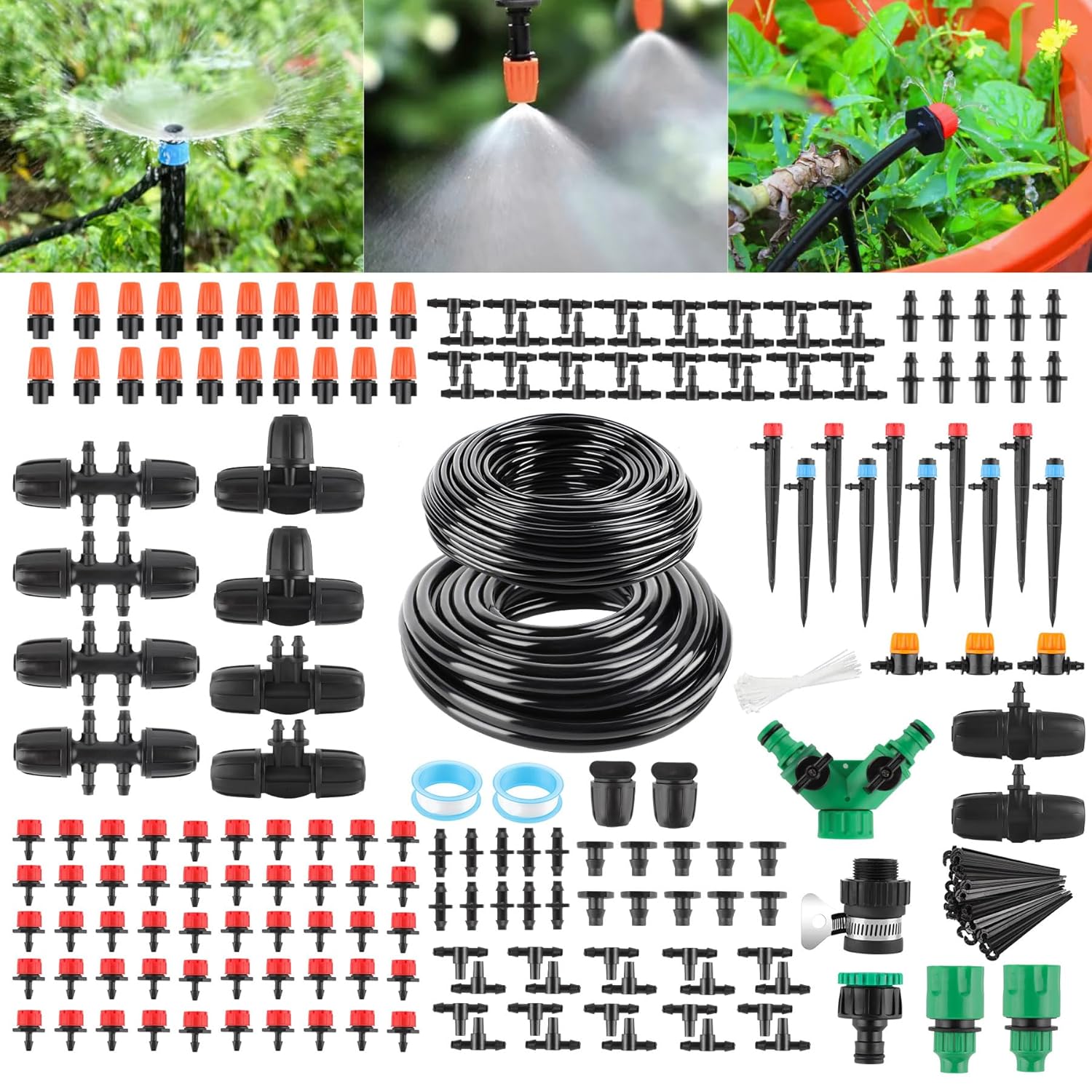315PCS Bewässerung Garten Set 60+15M DIY Garten Bewässerungssystem Gartenbewässerung Pflanzen Bewässerungssystem Outdoor Gewächshaus Beregnungsanlage Garten Zubehör für BlumenRasen Terrasse