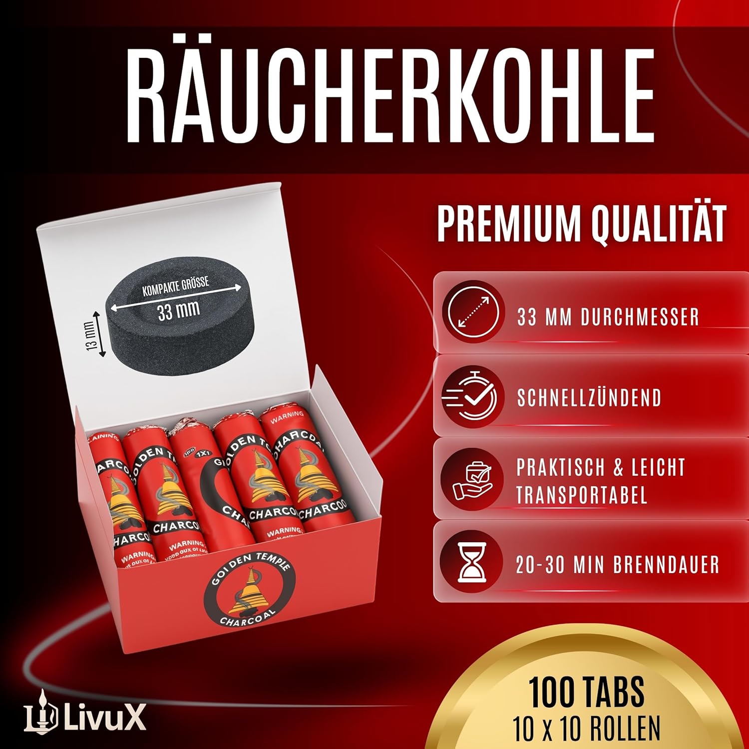 LivuX Räucherkohle 100 Tabs 33 mm – Schnellzündende Kohletabletten 10 Rollen (je 10 Stück) für Räuchern, Harze, Kräutern & Weihrauch, ideal zum Verbrennen von Räucherwerk gleichmäßig glühend 1202 – Bild 5