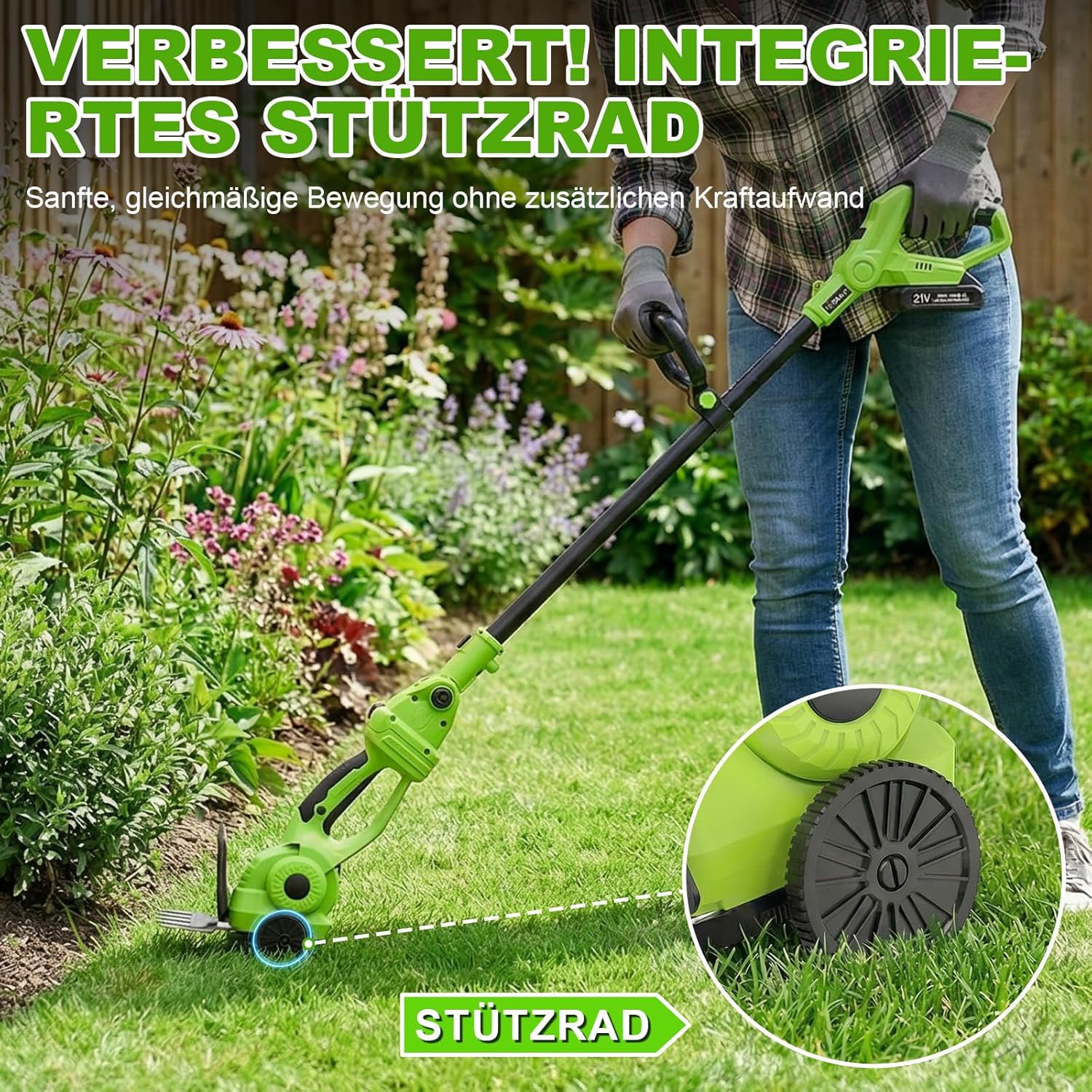 4-in-1 Akku Grasschere & Strauchschere mit 115cm Verlängerungsstange (165cm Reichweite), 21V Gartenschere mit Rollen, 650W, 180° verstellbar, 2 Akkus – für Rasenkanten, Hecken & Formschnitt – Bild 4