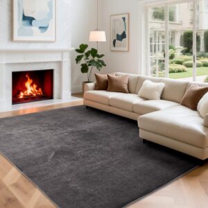 Wohnzimmerteppich, Kurzflor Teppiche Wohnzimmer Deko Flauschiger Weich Waschbarer & Anti-Rutsch Modern Einfarbiges Teppich für Schlafzimmer, Kinderzimmer, Bettvorleger Matte, 140x200cm, Dunkelgrau