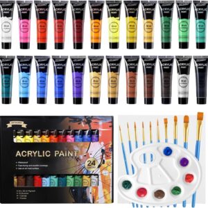 Acrylfarben Set, 24 x 36 ML Acrylfarbenset mit 10 Pinseln für Leinwand Holz Papier Keramik, Wasserdichte Acrylfarbe mit Lebendiger Farbe für Künstler, Anfänger, Kinder