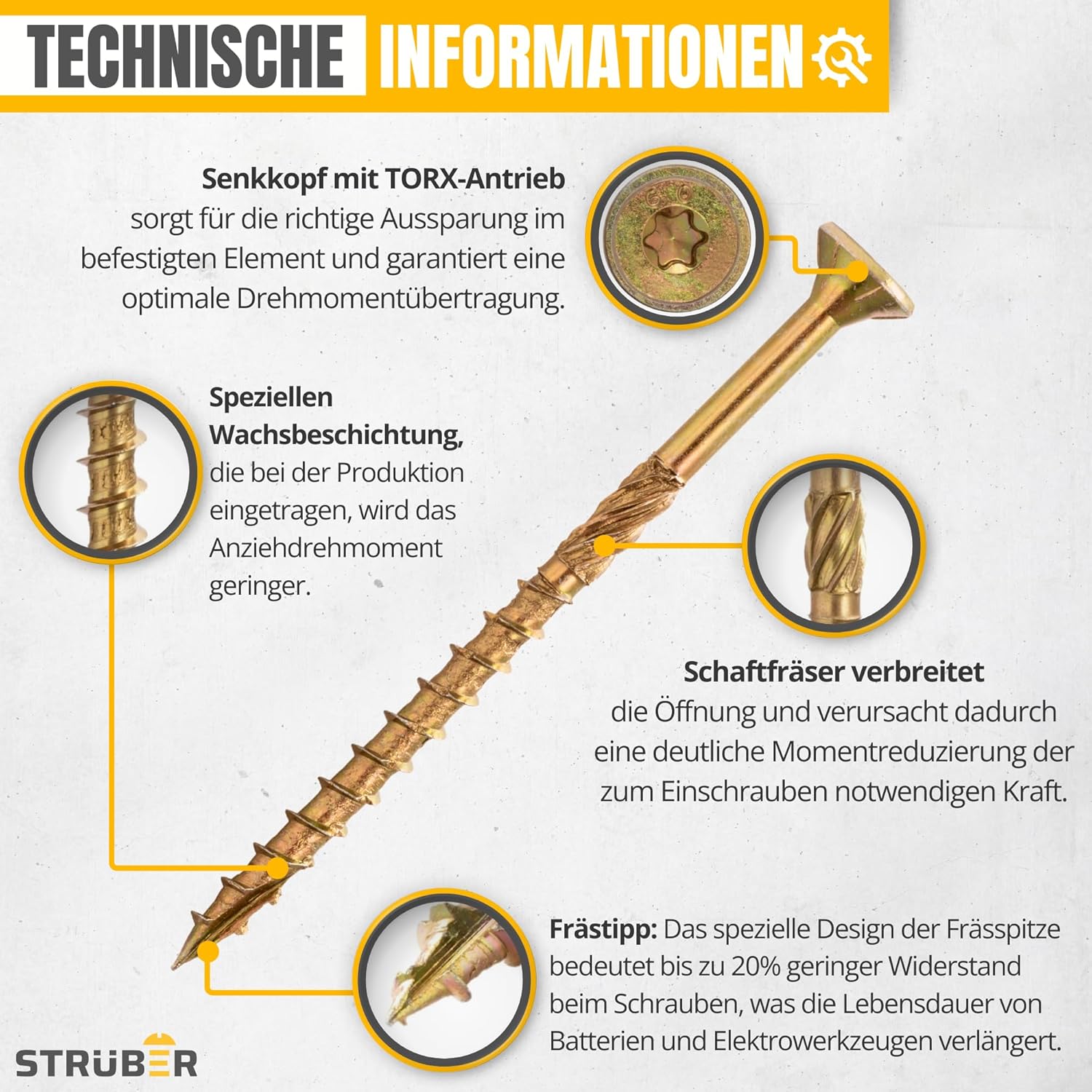 Holzschrauben mit Torx-Antrieb (6,0 x 140 mm / 100 Stück) Holzbauschrauben mit TX-Buchse - Spanplattenschrauben Gelb verzinkt - Senkkopfschrauben für Dachkonstruktionen - Universalschrauben – Bild 3