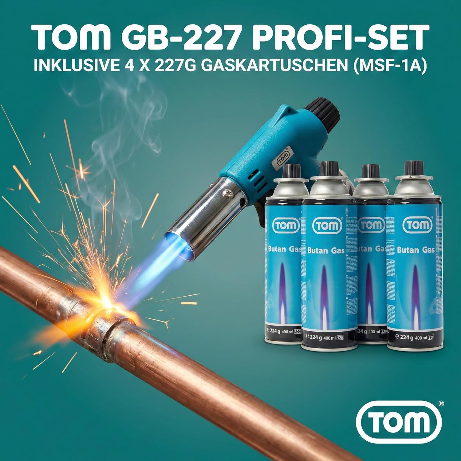 TOM Gasbrenner – Brenneraufsatz - Gaskartuschen mit Bajonettverschluss MSF-1A für Werkstatt, Garten, Küche & Co. – 1300°C – Piezozündung – Lötbrenner – Bunsenbrenner (Gasbrenner mit 4 Gaskartuschen) – Bild 2