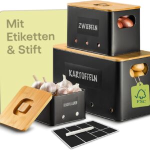 Praknu Kartoffel Aufbewahrungsbox 3er Set – Stapelbar - Mit Belüftung für längere Frische – 𝗙𝗦𝗖® Bambusdeckel – Ideal zur Aufbewahrung von Kartoffeln, Zwiebeln & Knoblauch – Inkl. Etiketten & Stift