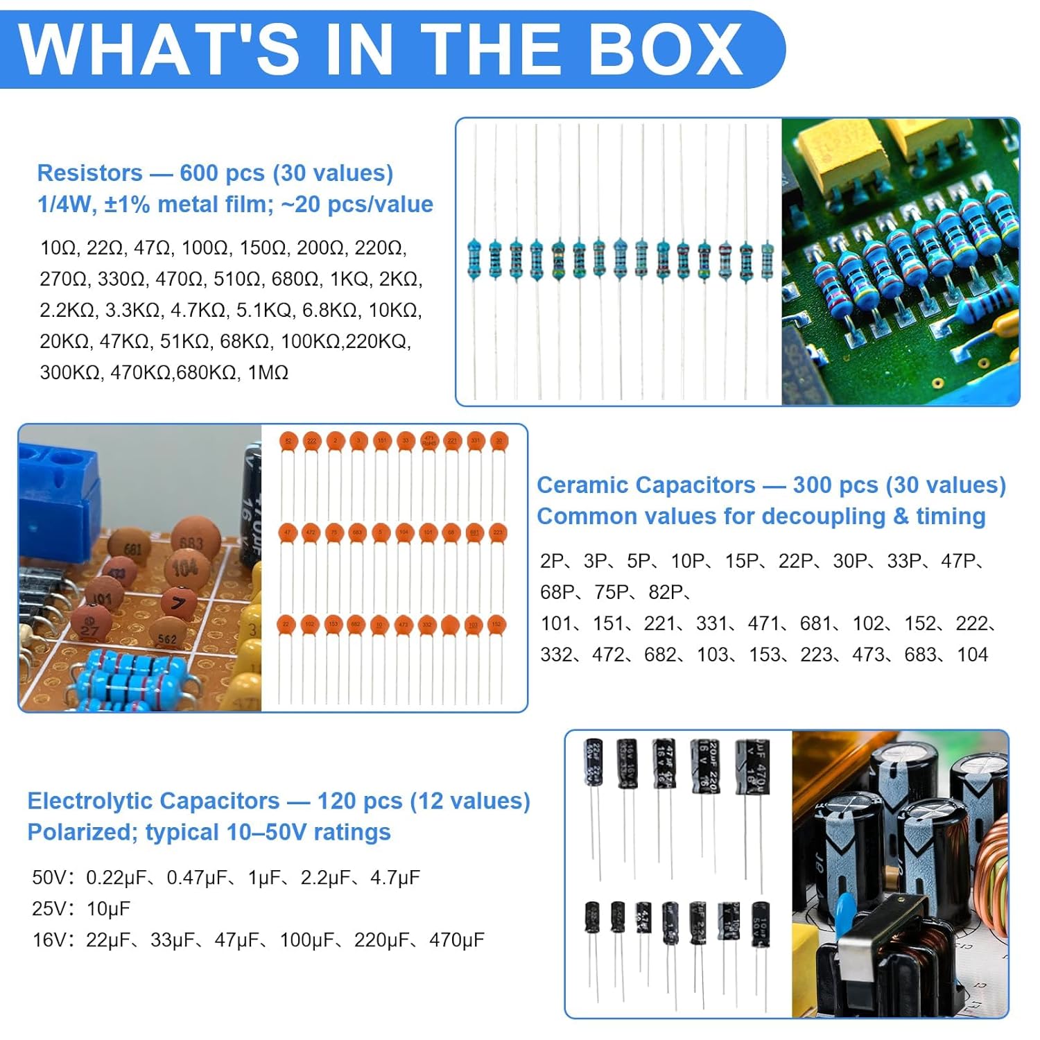 1530 Stück Elektronik Bauteile Kit 9 Arten mit Metallschichtwiderstand,kondensator,Diode,LED Leuchtdioden,Transistor,Dupont Wires,Jumperkabel und Steckbrett, Für UNO R3 – Bild 2
