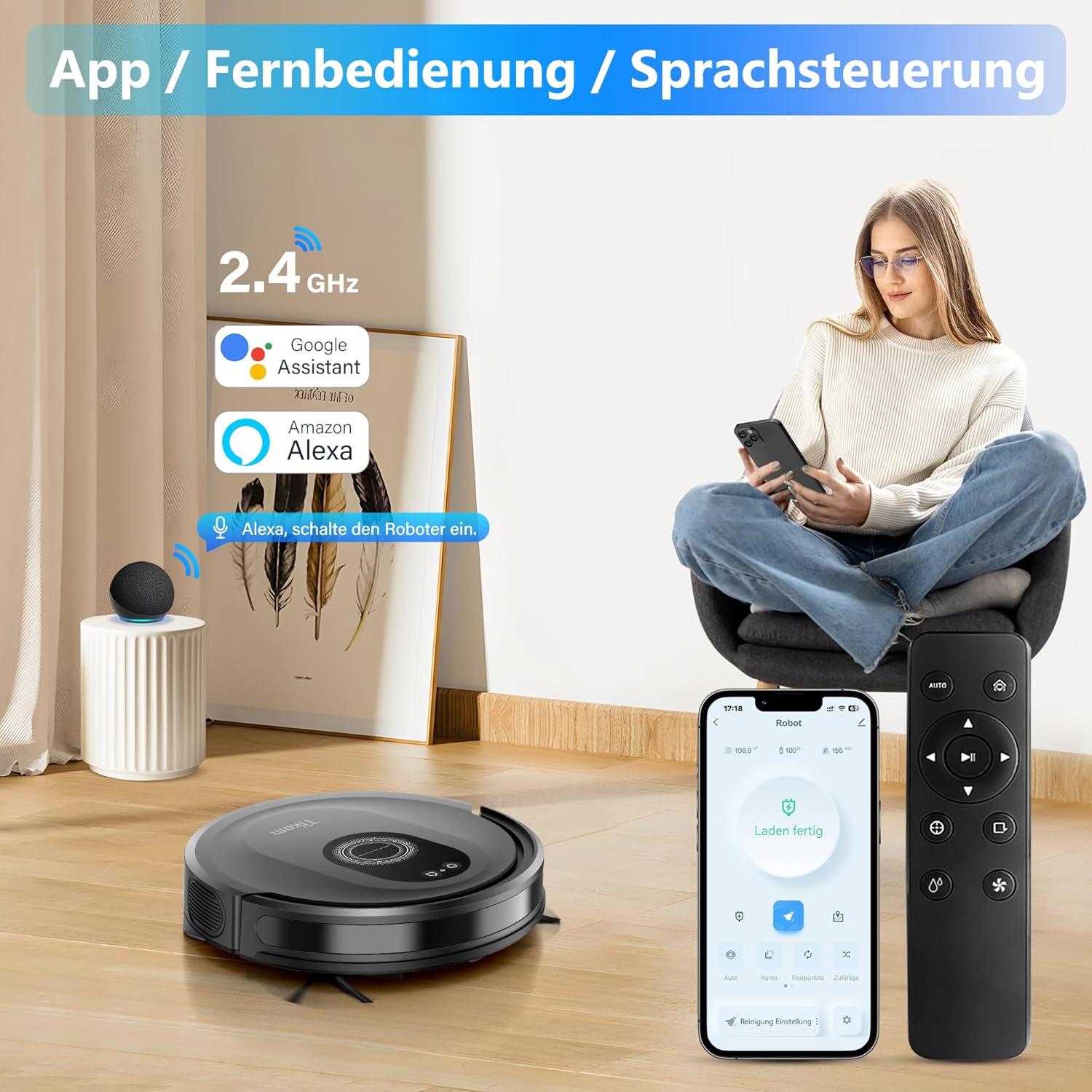 Tikom Saugroboter mit Wischfunktion 2 in 1, G8000 Max Staubsauger Roboter, 5000Pa Starke Saugkraft Roboterstaubsauger, Selbstaufladend, WLAN, 150Mins Max, Ideal für Tierhaare, Teppich, Hartboden – Bild 4