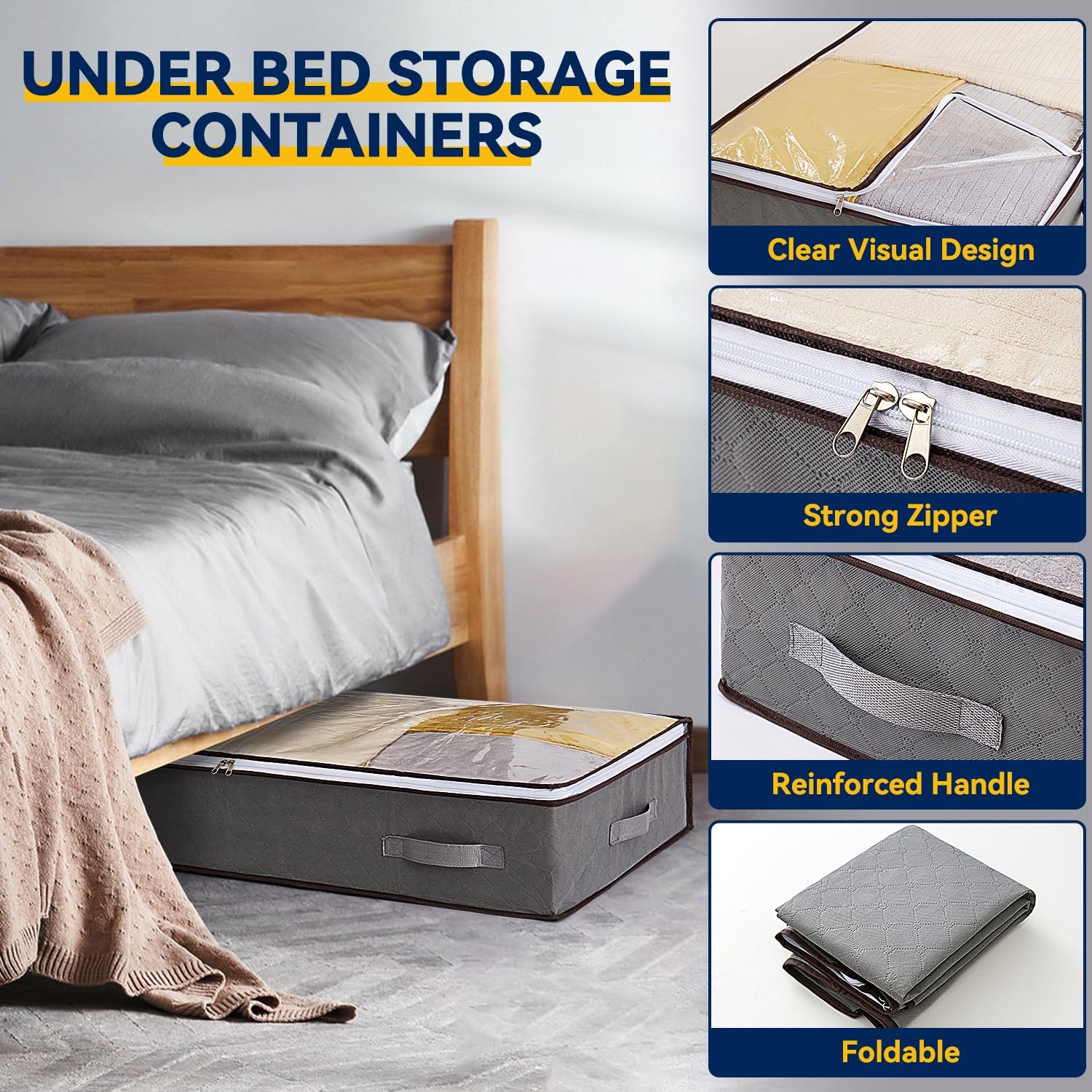 AIOR 2 Stück 60L Unterbettkommode mit Sichtfenster, Faltbare Unterbett-Aufbewahrungstasche Kleideraufbewahrung, Decken Organisator Lagerbehälter, 80x50x15cm – Bild 4