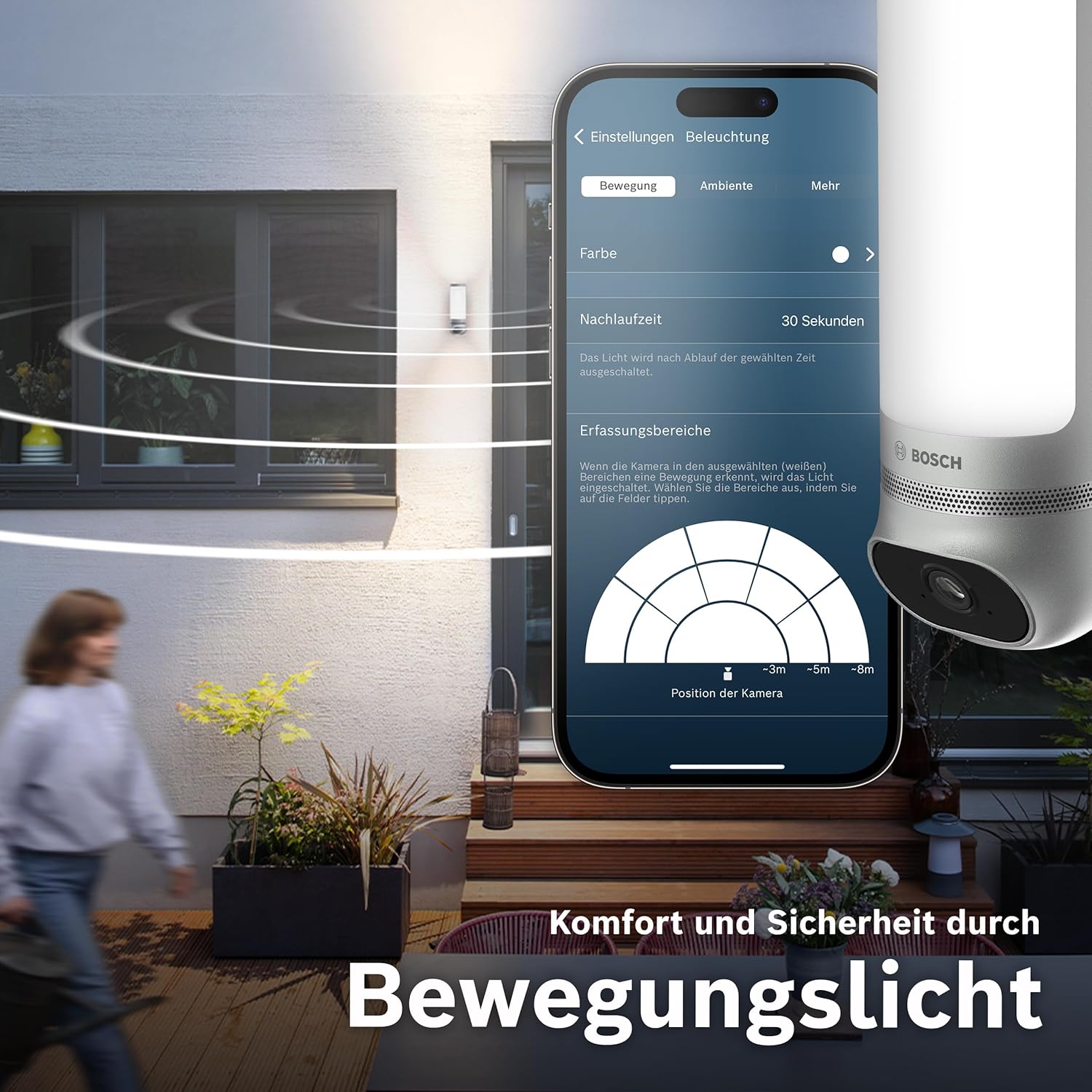 Bosch Smart Home Außenkamera II, Überwachungskamera Außen, 1080p Full-HD Auflösung mit integrierter Alarmsirene und Design-Leuchte, kompatibel mit Amazon Alexa, Silber – Bild 4
