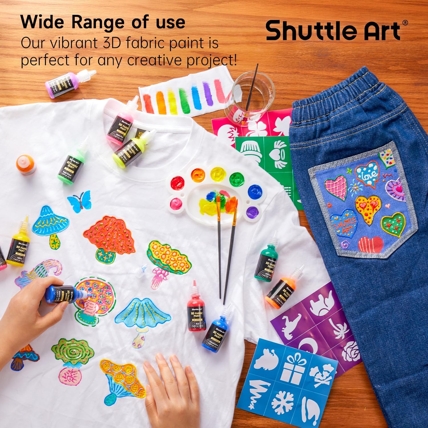Shuttle Art 3D Textilfarbe waschmaschinenfest, 24 Stoffmalfarben waschfest mit Pinseln, Vorlagen, 3D Textilfarben mit Metallic-, Neon- und Glitzerfarben, Stofffarben waschfest Kinder für Tshirt, Jeans – Bild 4
