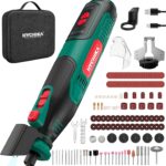 HYCHIKA Akku-Rotationswerkzeug 8V 2,0Ah leistungsstärkerer Akku, 5-Gang bis 30000 U/min, 145-teiliges Zubehör inkl. Kettensägeschärfer & LED-Arbeitsleuchte für Gravieren, Polieren, Schneiden, Bohren