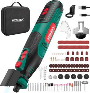 HYCHIKA Akku-Rotationswerkzeug 8V 2,0Ah leistungsstärkerer Akku, 5-Gang bis 30000 U/min, 145-teiliges Zubehör inkl. Kettensägeschärfer & LED-Arbeitsleuchte für Gravieren, Polieren, Schneiden, Bohren