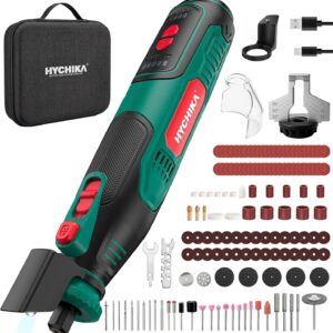HYCHIKA Akku-Rotationswerkzeug 8V 2,0Ah leistungsstärkerer Akku, 5-Gang bis 30000 U/min, 145-teiliges Zubehör inkl. Kettensägeschärfer & LED-Arbeitsleuchte für Gravieren, Polieren, Schneiden, Bohren
