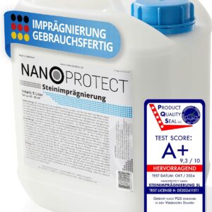 Nanoprotect Steinimprägnierung | 5 L für ca. 40 – 60 m² | Vorbeugend gegen Grünbelag und Einschmutzung | Ideal für Pflastersteine, Beton und Fassaden | Profi Qualität