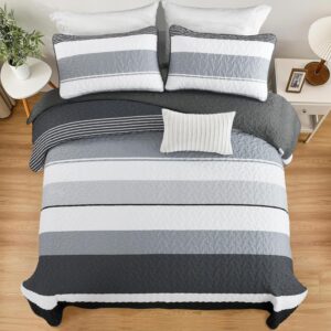 WONGS BEDDING Tagesdecke 220x240 Schwarz Weiß Schlieren Bettdecke 3 teilig Doppelbett Gesteppt Bettüberwurf Mikrofaser Wohndecke mit 2 Kissenbezug 50x75 für Schlafzimmer Sofaüberwurf