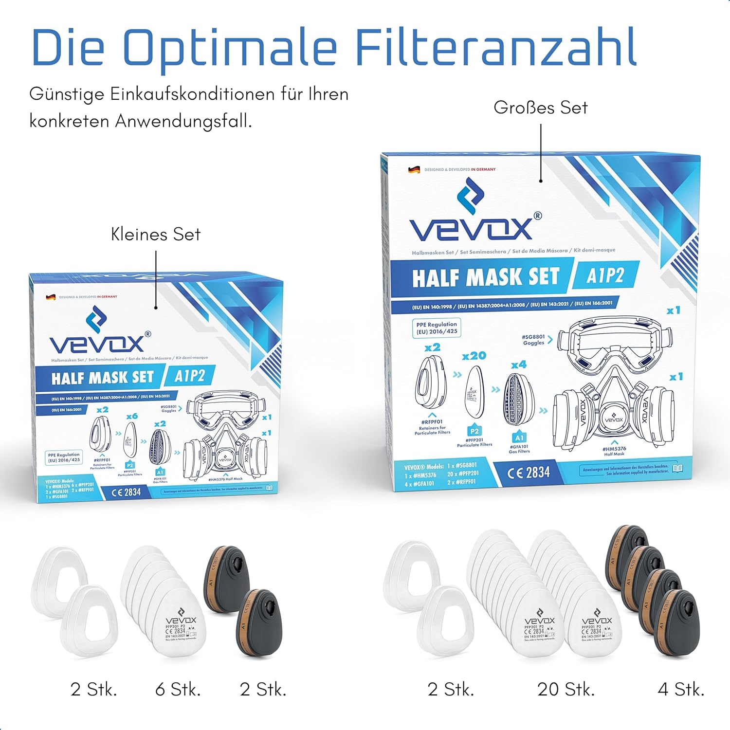 Atemschutzmaske – A1P2 Filter – Schutz gegen Feinstaub, Gase und Dämpfe – Zum Lackieren, Schleifen und Sanieren – Gasmaske, Staubmaske & Lackiermaske – inkl. 6x P2 und 2x A1 Filter – Bild 4