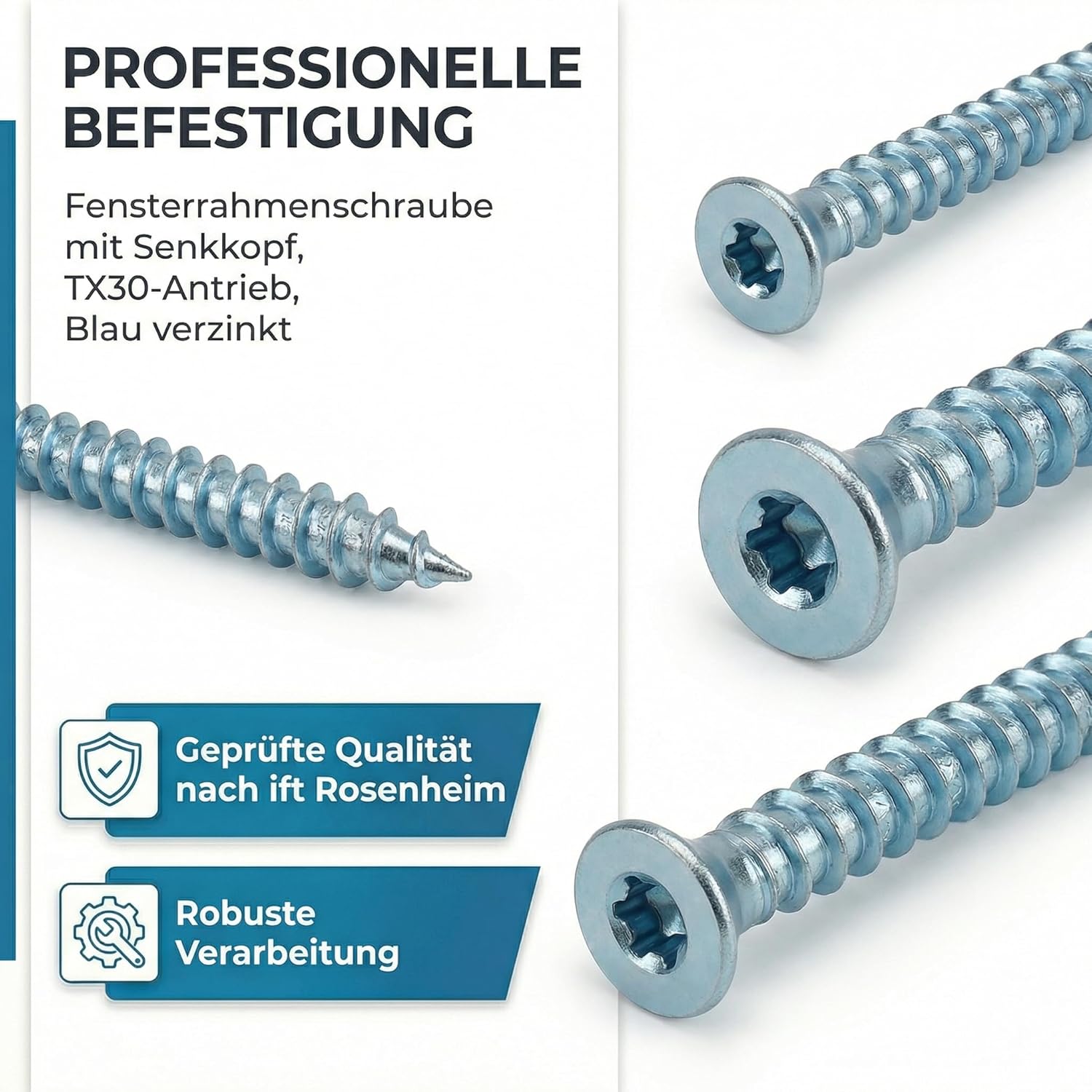 heicko Fensterrahmenschraube 7,5x182mm Senkkopf TX30 verzinkt blau | Betonschrauben Montageschraube ohne Dübel | 100 Stück – Bild 2