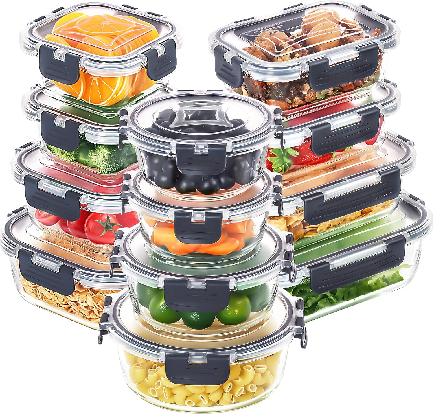 Skroam 24-Teiliges Glasbehälter-Set Mit Deckel - Frischhaltedosen für Lebensmittel, Meal Prep Boxen, Mikrowellengeeignet, BPA-Frei (12 Behälter & 12 Deckel)