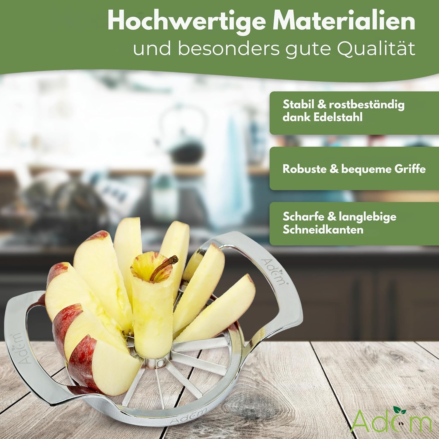 Adam Profi Edelstahl Apfelteiler, Küchenwerkzeug für Obstzubereitung, 12-teiliges Schnittmuster, langlebig, vielseitig und einfach zu reinigen (Apfelschneider) – Bild 2