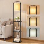 VASAGLE Stehlampe mit 3 Ablagen, Standleuchte, Stehleuchte, LED-Glühbirne inklusive, mit Fußschalter, Lampenschirm aus Stoff, für Wohnzimmer und Schlafzimmer, tintenschwarz LFL001BD02
