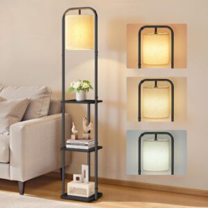 VASAGLE Stehlampe mit 3 Ablagen, Standleuchte, Stehleuchte, LED-Glühbirne inklusive, mit Fußschalter, Lampenschirm aus Stoff, für Wohnzimmer und Schlafzimmer, tintenschwarz LFL001BD02
