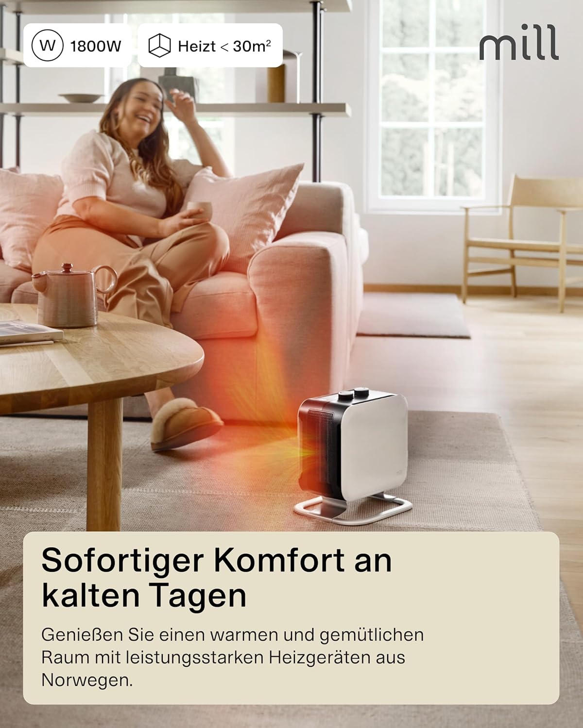 Mill Keramik Heizlüfter klein & leise 1800W, mobiler Heizstrahler für Innenraum 5-30m², Heizung elektrisch, Elektroheizung, Electric Heater, Heizgeräte für Innenräume, Elektro Heizkörper - weiß – Bild 2