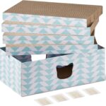 Amazon Basics Katzenkratzmatte mit Box, Katzenkratzmöbel aus Wellpappe für Hauskatzen Katzenkratzpappe mit Farbdruck und Katzenminze, FSC-Zertifiziert, 4er-Pack, 41,9cm x 25,4cm x 3,8cm, Blau