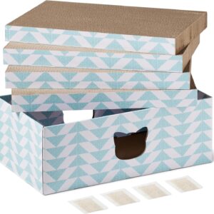 Amazon Basics Katzenkratzmatte mit Box, Katzenkratzmöbel aus Wellpappe für Hauskatzen Katzenkratzpappe mit Farbdruck und Katzenminze, FSC-Zertifiziert, 4er-Pack, 41,9cm x 25,4cm x 3,8cm, Blau