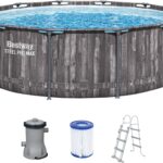 Bestway Steel Pro MAX Frame Pool-Set mit Filterpumpe Ø 366 x 100 cm, Holz-Optik (Mooreiche), rund