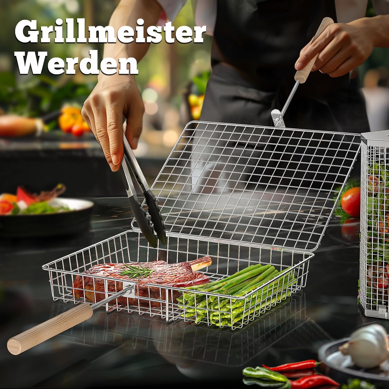 Nestendes Rollendes Grillkorb Set (Rechteck+Sechseckig), Abnehmbarer Holzgriff, Edelstahl 304, Grill Zubehör für Gemüse Garnelen, Outdoor Camping Gasgrill, Geschenke für Männer Ehemann Papa – Bild 4
